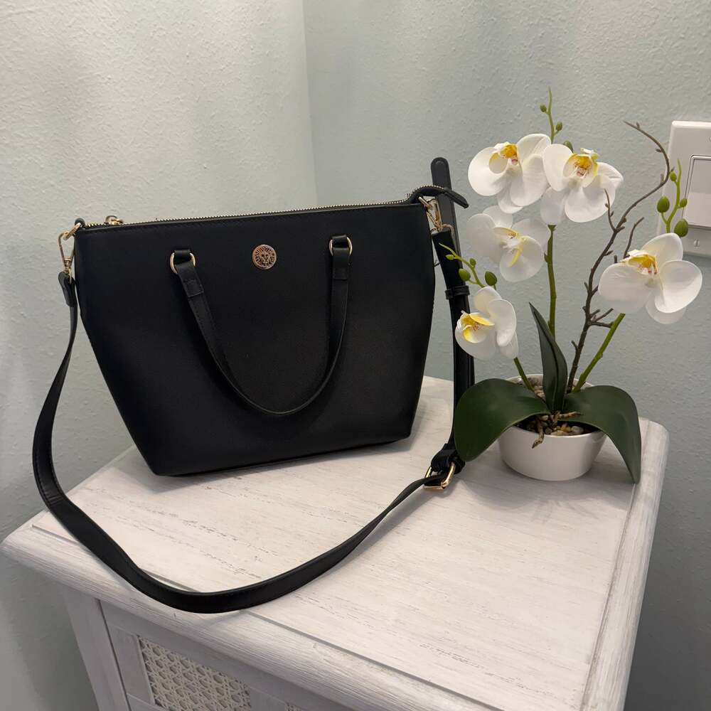 Anne Klein Black Faux Leather Triple Compartment Satchel Crossbody Handbag